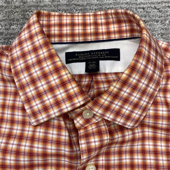 Banana Republic Shirt Men Medium Orange Checkered Button Up Non-Iron Classic Fit - Picture 2 of 7